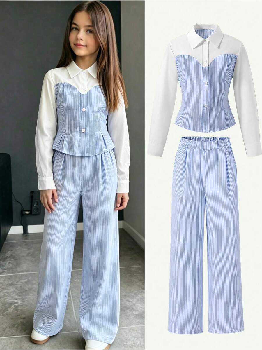 Tween Girls Fall Outfits 2pcs/Set Classic Collared White Sleeve Patchwork Navy Blue Top Waist-Cinched Cut Crisp Short Length For Teachers' Day Scho... - Blue - View 1