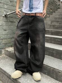 Manfinity EMRG Men's Distressed Solid Color Denim Jeans - Black - View 3