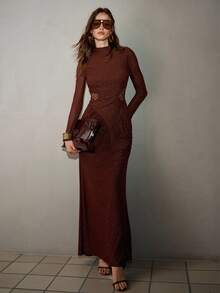 MOTF PREMIUM Vestido elegante de mujer con diseño plisado elástico y brillo para otoño, ajuste ceñido - Café integral - Ver 3
