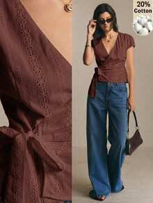 Poéselle 女款刺繡V領百褶時尚百搭襯衫 - 棕色 - 查看 1