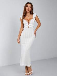SHEIN PETITE Party Vacation White Hollow Crocheted Textured Ruffled Cap Sleeves Straps Back Elegant Sexy Long Fishtail Dress Graduation Petite Women Wedding Summer - White - View 1