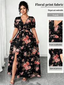 Elenzga Plus Size Women's V-Neck Floral Print Split Design Elegant Cinched Waist Party Summer Dress - Black - View 1