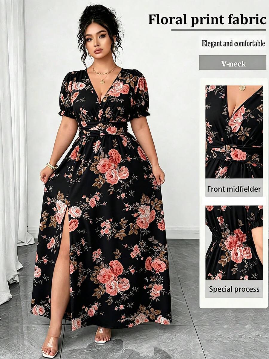 Elenzga Plus Size Women's V-Neck Floral Print Split Design Elegant Cinched Waist Party Summer Dress - Black - View 1