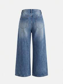 lacRébo High Waist Wide Leg Cropped Denim Jeans Washed Distressed French Style Streetwear Casual Pure Cotton Holiday Aqua Blue Autumn Everyday - Dark Wash - View 7