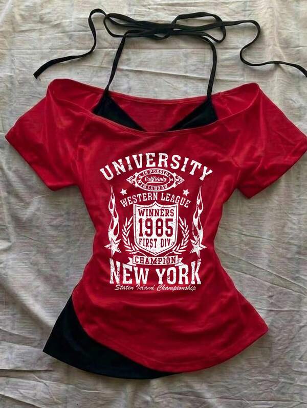 Attitoon Women's Casual Vintage White Letter Graphic Contrast Black 2 In 1 Short Sleeve T-Shirt, Suitable For Summer Y2K