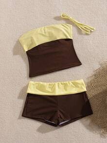 Costavie Spring/Summer New Brown & Yellow Colorblock Bandeau Set, American Vintage Hot Girl Style Beach Casual Vacation Two Pieces Set - Multicolor - View 3