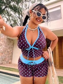 Swim Mod Plus Size Polka Dot Print Tankini Set - Multicolor - View 4