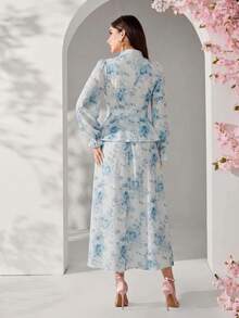 Modelyn Setelan 2 Potong Blus dan Rok Motif Bunga Elegan untuk Wanita - Biru - View 2