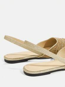 CUCCOO TILAWA Women Rhinestone Decor Pointed Toe Slingback Flat Sandals, Elegant Golden Glitter Back Strap Mule Pumps, Wedding Party Dress Slip On Shoes - Gold - View 6