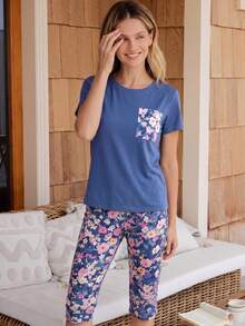 Doze Lane Contrast Color Pocket Floral Print Short Sleeve & Capri Pants Set - Multicolor - View 3