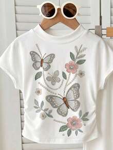 少女休閒時尚簡約優雅波希米亞風刺繡花卉圖案立領短袖上衣 T-shirt 寬鬆寬腿長褲，適合日常、校園、外出、婚禮季、開學季，時尚女孩穿搭 - 彩色 - 查看 5