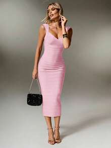 Nuvra Gaun Pesta Midi Bodycon Rajut Bergaris Burgundy dengan Potongan Pinggang Pas untuk Wanita - Baby Pink - View 6