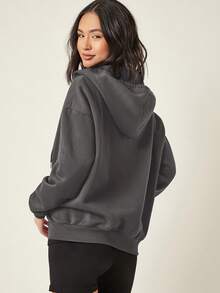 SHEIN BASICS 舒適抓絨落肩拉鍊連帽衛衣，秋冬長袖上衣 - 深灰色 - 查看 2