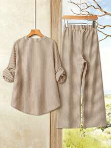 EMERY ROSE Plus Size Women's Casual Long Sleeve Shirt And Pants 2 Pieces Set, Women's Striped Set, Women's Casual Set Fall - Multicolor - View 2