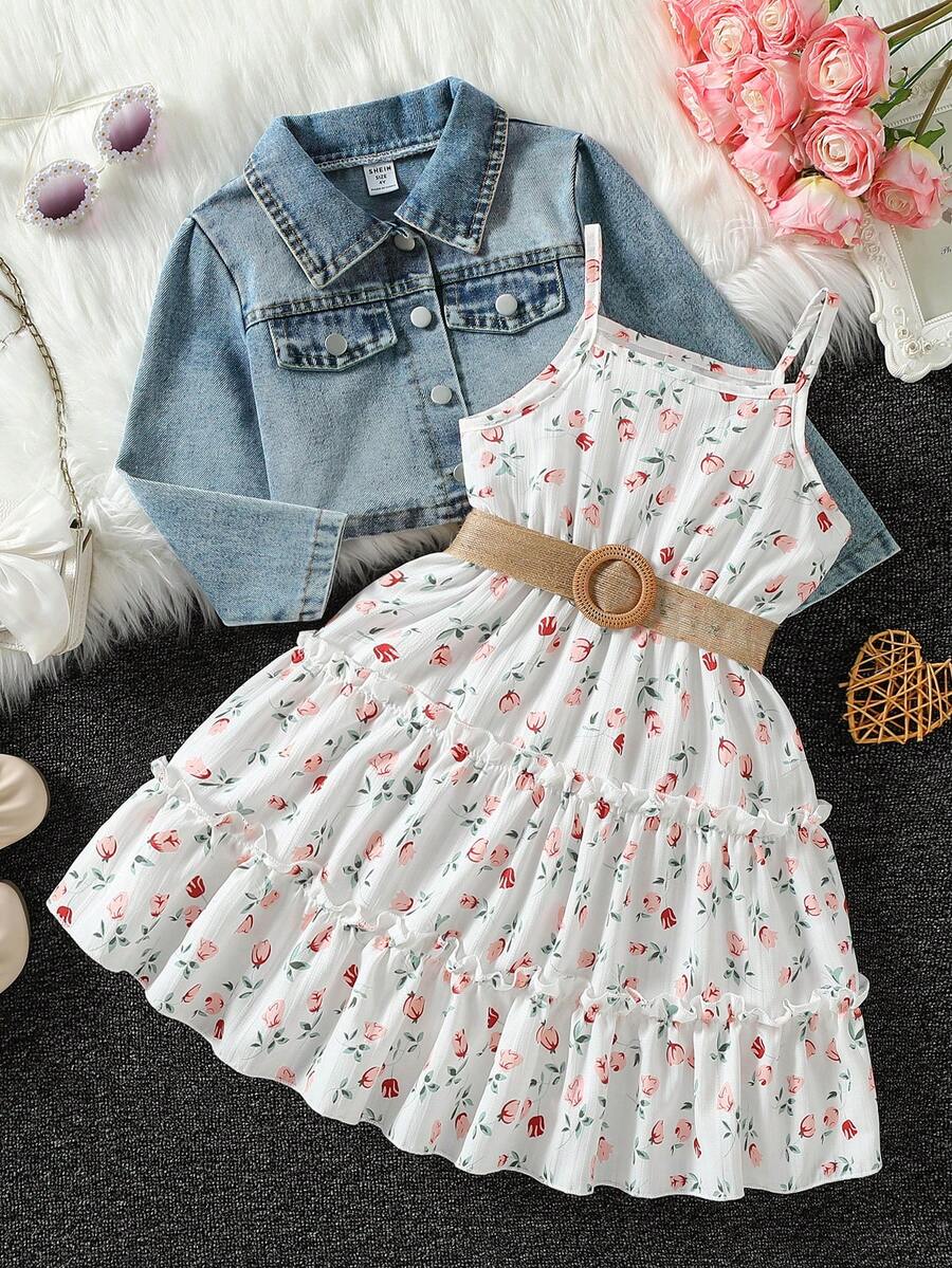 SHEIN Elladie kids 女童新款時尚領長袖外套搭配鬆緊腰A字分層花卉印花吊帶洋裝 2件套，適合休閒日常穿著與度假，春/秋季