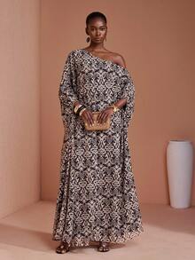 JIAN LASALA Multicolor All-Over Print Chiffon Off-Shoulder Women Boho Maxi Dress Batwing Sleeve - Multicolor - View 1