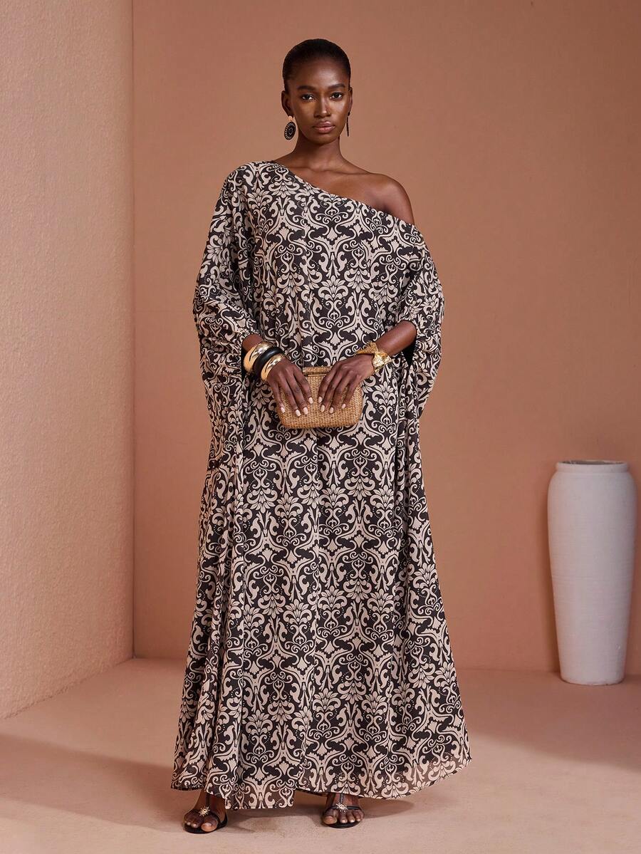 JIAN LASALA Multicolor All-Over Print Chiffon Off-Shoulder Women Boho Maxi Dress Batwing Sleeve - Multicolor - View 1