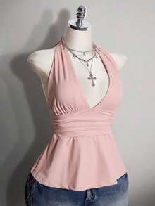 SHEIN ICON 大尺碼掛脖深V領收腰A字露背波點背心，復古Y2K掛脖波點背心，娃娃裝波點掛脖露背上衣 - 粉色 - 查看 6