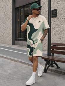Sorvial Men's Wave Print T-Shirt And Shorts Casual Set, Suitable For Summer - Green - View 1