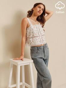 lacRébo Relaxed Romantic Floral Print Button Front White Cotton Top With Lace Neckline Summer Holiday Casual - Apricot - View 3