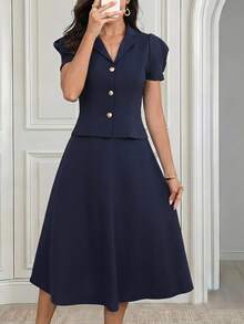 Medorina Women's Elegant Commute Short Sleeve Blouse & Skirt Suit Set - Navy Blue - View 5