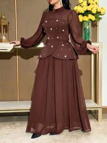 Modelyn 大尺碼女款人造珍珠裝飾時尚派對與休閒洋裝 - 咖啡棕 - 查看 5
