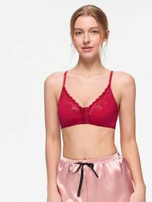 Bonmuse 1pc Women's Casual Wireless Lace Bra With Adjustable Straps, Sexy & Breathable - Red - View 6