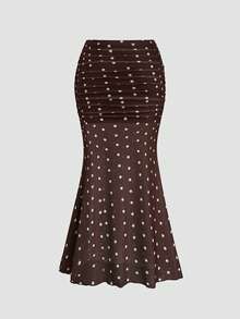Sweetra Damen 2-teiliges Set: Spaghettiträger-Cowl-Neck-Pullover-Camisole-Top & figurbetonter Rock mit Polka-Dot-Blumenmuster und Meerjungfrauen-Saum, eleganter Vintage-Urlaubsstil - Kaffeebraun - Übersicht 5