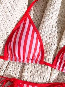 Swim Vcay Women's Spring/Summer Hot-Selling Fashion Striped Print With Solid Color Trim Design Beach Two-Piece Bikini Vacation Set - Red - View 4
