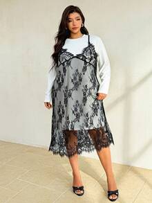 Auralis Autumn Elegant Black Lace Camisole Dress Eyelash-Trimmed Placement White Loose-Fit Long-Sleeve Crew-Neck T-Shirt Birthday Date Night Morning - Black and White - View 7