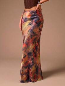 Glamine Elegante falda larga versátil de línea A para mujer, falda de satén estampada, ropa de verano, falda de moda de corte ajustado - Multicolor - Ver 5