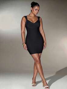 Nuvra Bandage Bodycon Revealing Figure Sexy V-Neck Spaghetti Strap Party Dress - Black - View 8
