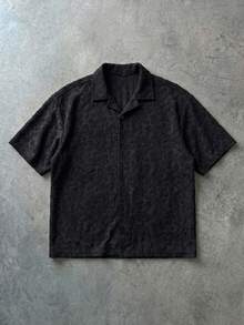 Manfinity Roghcode Men's Solid Color Knitted Jacquard Loose Fit Short Sleeve Shirt, Youth Streetwear Style - Black - View 1