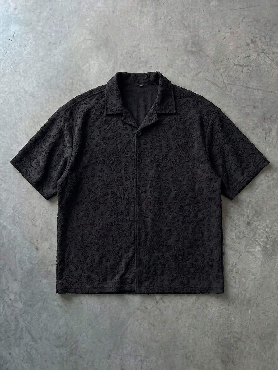 Manfinity Roghcode Men's Solid Color Knitted Jacquard Loose Fit Short Sleeve Shirt, Youth Streetwear Style - Black - View 1