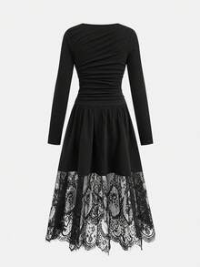 SHEIN Pitira 兒童青少年女孩純色百褶長袖蕾絲拼接洋裝，休閒日常秋冬優雅連身裙 - 黑色 - 查看 6