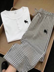 SHEIN 青少年女孩秋冬休閒白色修身U領長袖黑白條紋梭織直筒寬腿褲兩件套，舒適彈性針織條紋運動服，返校秋季服飾 - 黑與白 - 查看 7