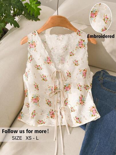 Story & Sage Casual Cottage Core Fairycore Tropical Home Vacation Women's Fitted Floral Print Embroidered Shirt With Front Tie Bow White Floral Blouse For Spring