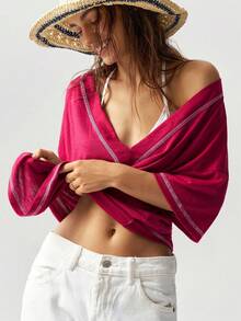 Bohemela Women's Casual Boho Solid Color V-Neck Short Sleeve Loose Regular Fit Knit T-Shirt Beach Pink Sequin Summer - Hot Pink - View 5