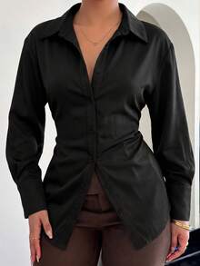 leahseptember Women's Black Autumn Elegant Button Front Tie Back Waist Cinched Chic Shirt,Seksi Chic Night Out Tops,Spring Break Commuting Back To School Casual - Black - View 4