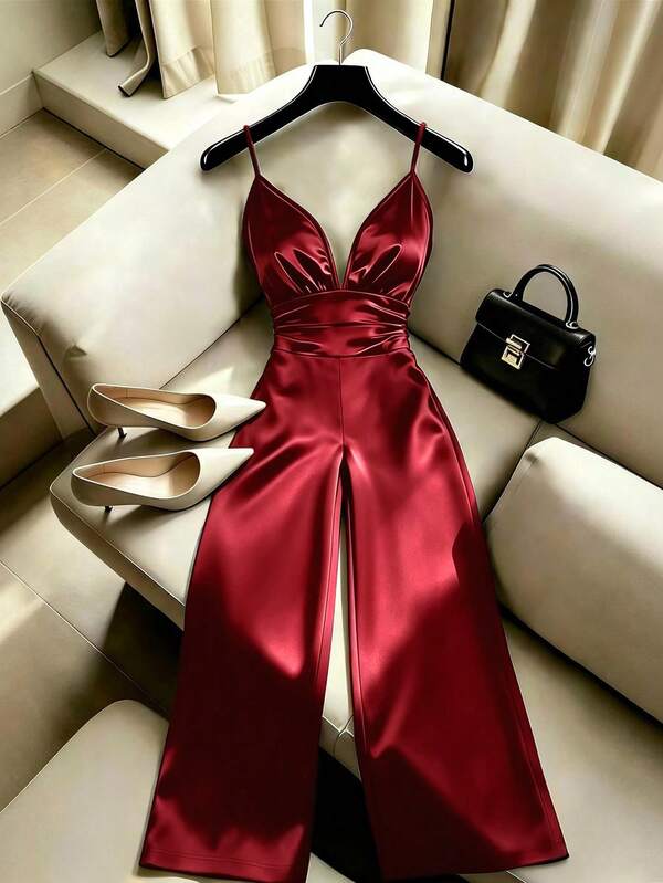 SHEIN Franclia Women's Elegant Satin Spaghetti Strap Cup-Style Ruched Waist Wide Leg Jumpsuit, Beach Wedding
