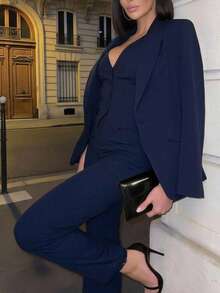 SHEIN SXY 秋冬性感通勤約會深藍色長袖西裝外套、背心與長褲三件套 - 藏蓝色 - 查看 6