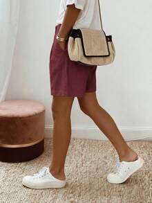 Balvessa Summer Casual Solid Color Loose Shorts - Burgundy - View 3