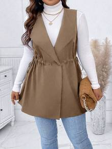 Elenzga Plus Size Spring/Autumn Casual Solid Color Sleeveless Jacket - Coffee Brown - View 6