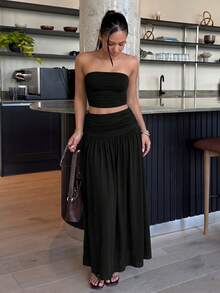 leahseptember 女款網紗純色抹胸上衣與長裙兩件套 黑色 - 黑色 - 查看 6