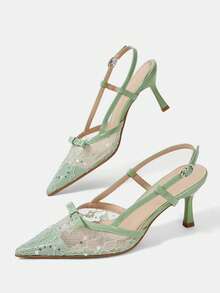 CUCCOO HITCHD French Lace Pointed Toe Slingback High Heels 2026 Spring And Summer New Bow Kitten Heel Sandals Women - Light green - View 7