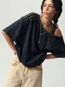 Bohemela Summer/Fall, Casual Black Knit Loose Washed Women's Tee With Studded Detail, Daily Wear, Concert Party & Going Out, Back To School - Black - View 4