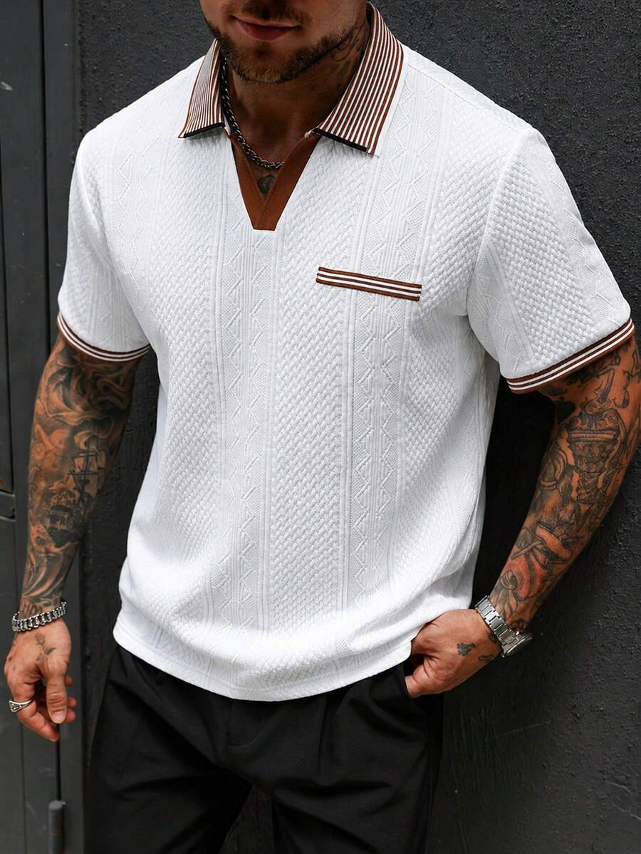 Manfinity CasualCool 男士條紋短袖休閒通勤 Polo 衫，正式款 - 白色 - 查看 1