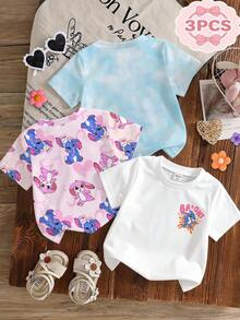 女嬰休閒極簡可愛卡通藍色兔子 Lulu & Stitch 圖案短袖圓領上衣，夏季圖案 T-shirt，舒適，上衣，Y2K，Kawaii，可愛 - 彩色 - 查看 2