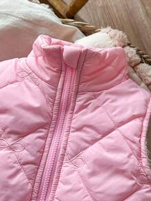 SHEIN Vintaside Kids 女嬰純色保暖內裡拉鍊休閒百搭冬季棉墊背心 - 粉色 - 查看 8