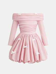 SHEIN Young Girl Casual Fairy Princess Elegant High-End Street Style Solid Color Fitted A-Line Dress, Pink, Suitable For Weddings, Parties, Autumn - Multicolor - View 4